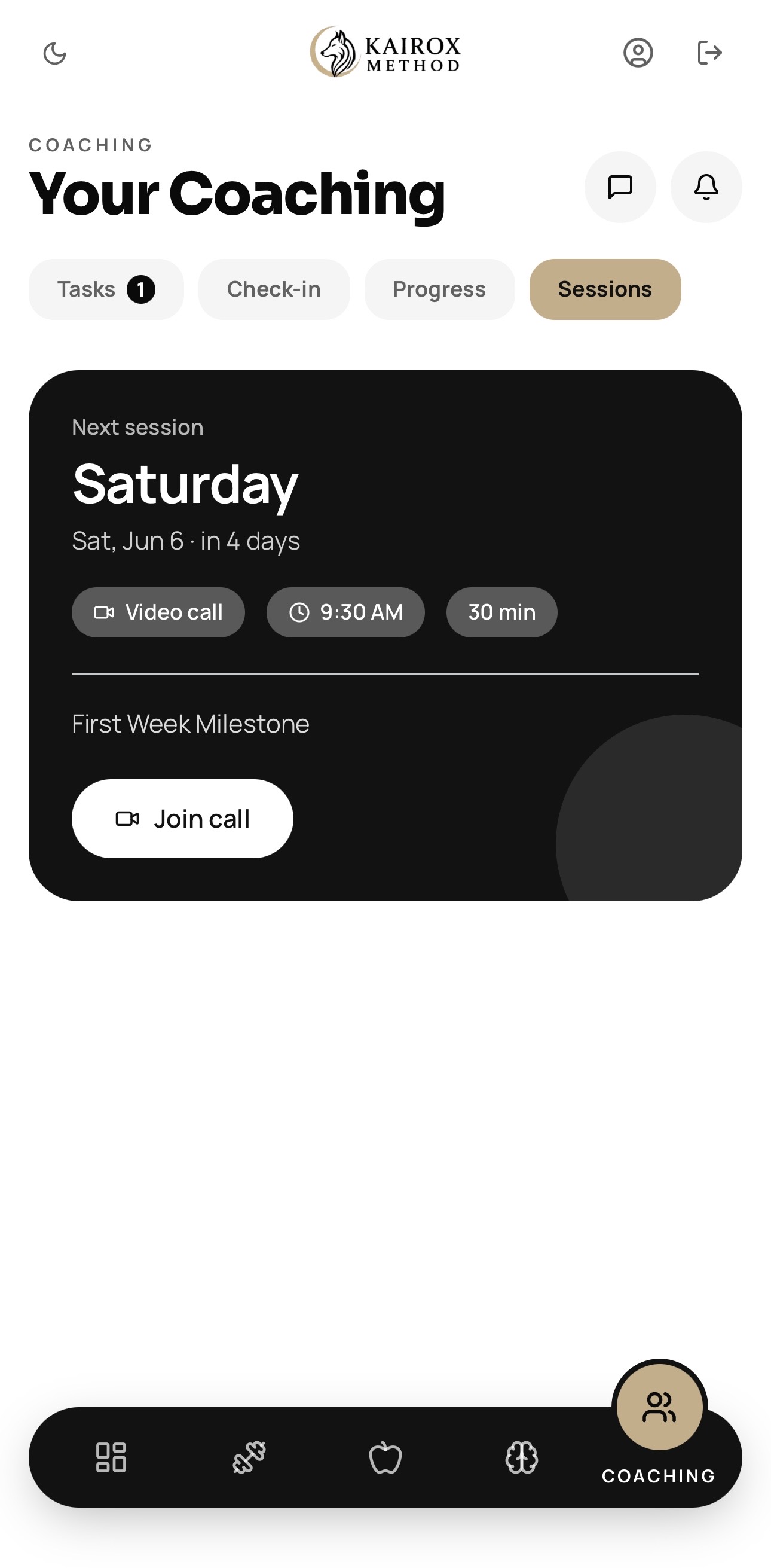 Coaching screen in the Kairox app