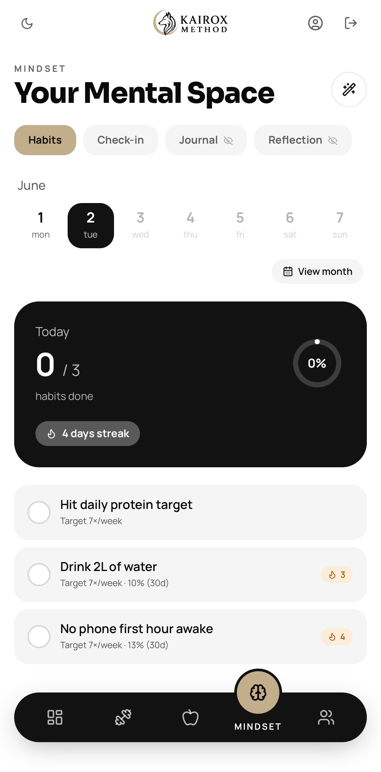 Mindset screen in the Kairox app