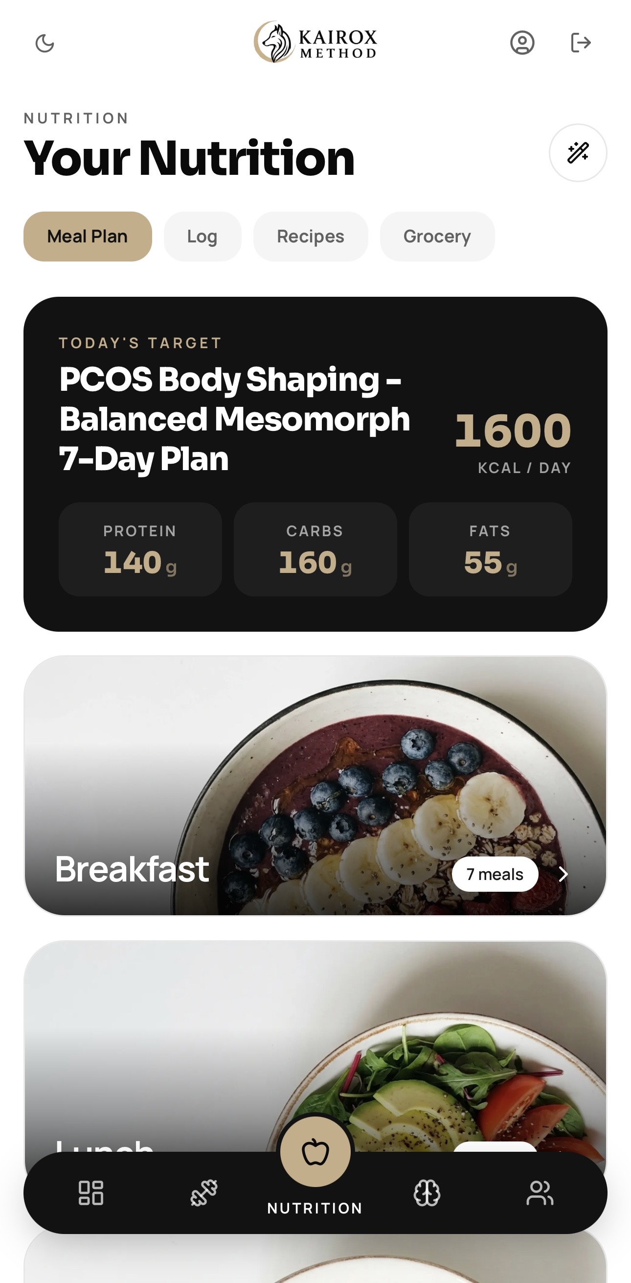 Nutrition screen in the Kairox app