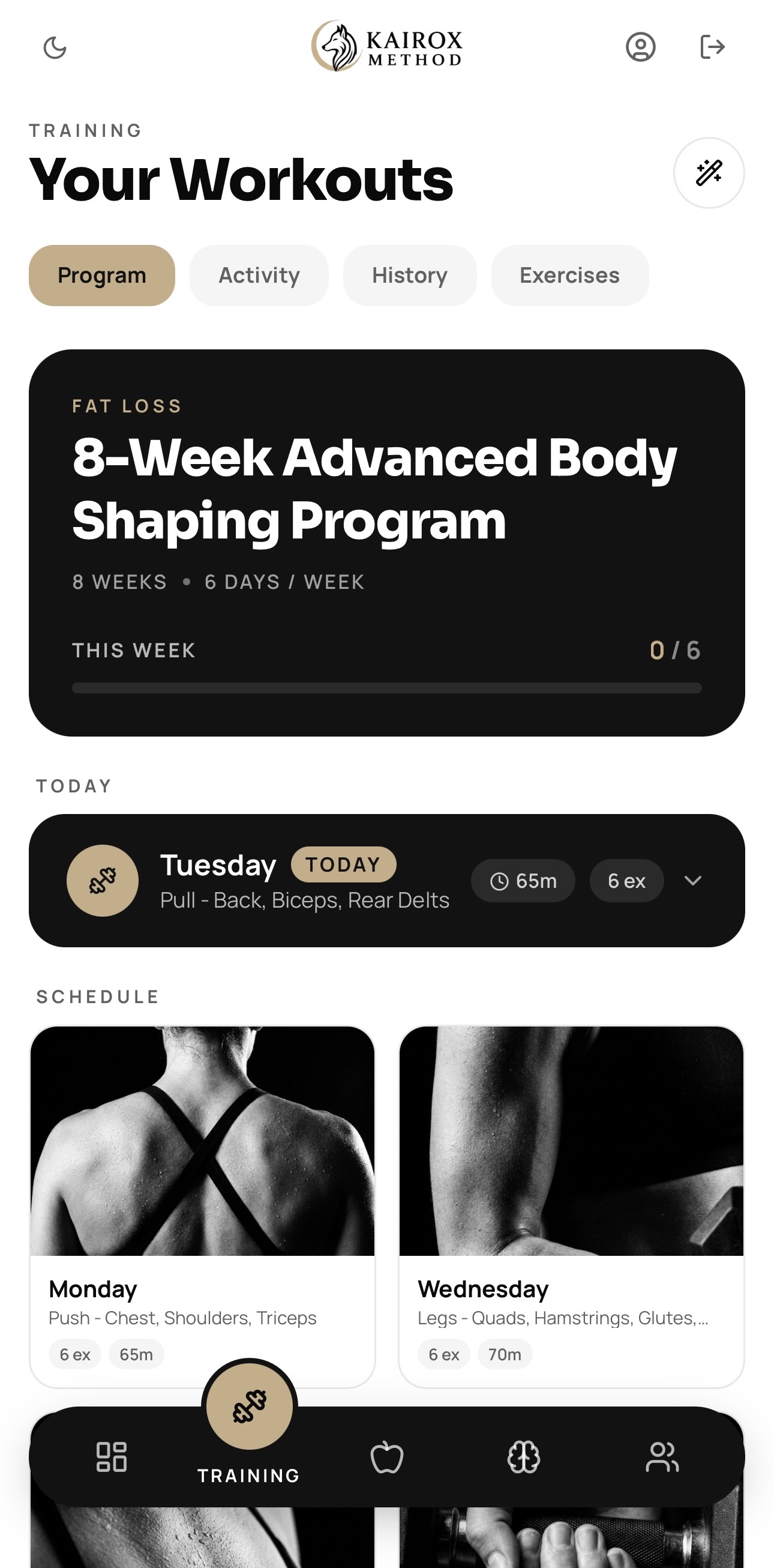 Training screen in the Kairox app